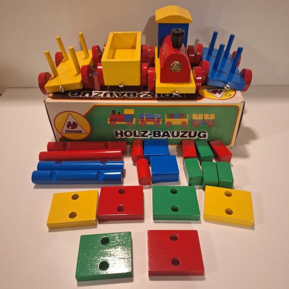 Complete Vintage Eichhorn Holz-Bauzug Wooden Train Set Age2+ Original Box Blocks - Picture 8 of 12
